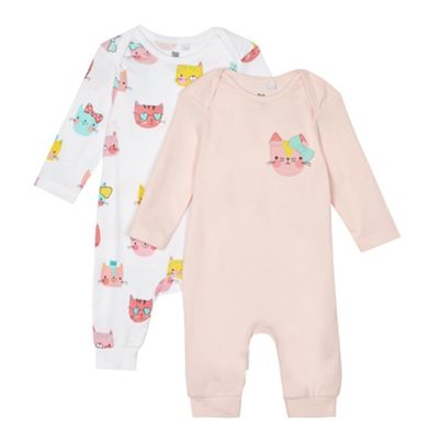 Pack of two baby girls' pink and white cat print sleepsuits
